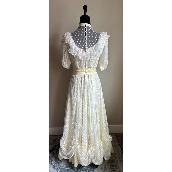 VINTAGE Women's Ruffle Butter Yellow Polka Dot High Neck Maxi Prom Dress Size S - Picture 3 of 8